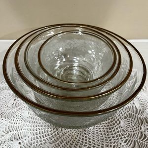 Rare Vintage Set of Four Gold-Edged Etched Glass Grape Leaf Bowls and Pitcher